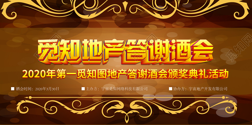 黄色几何复古花纹地产答谢酒会展板