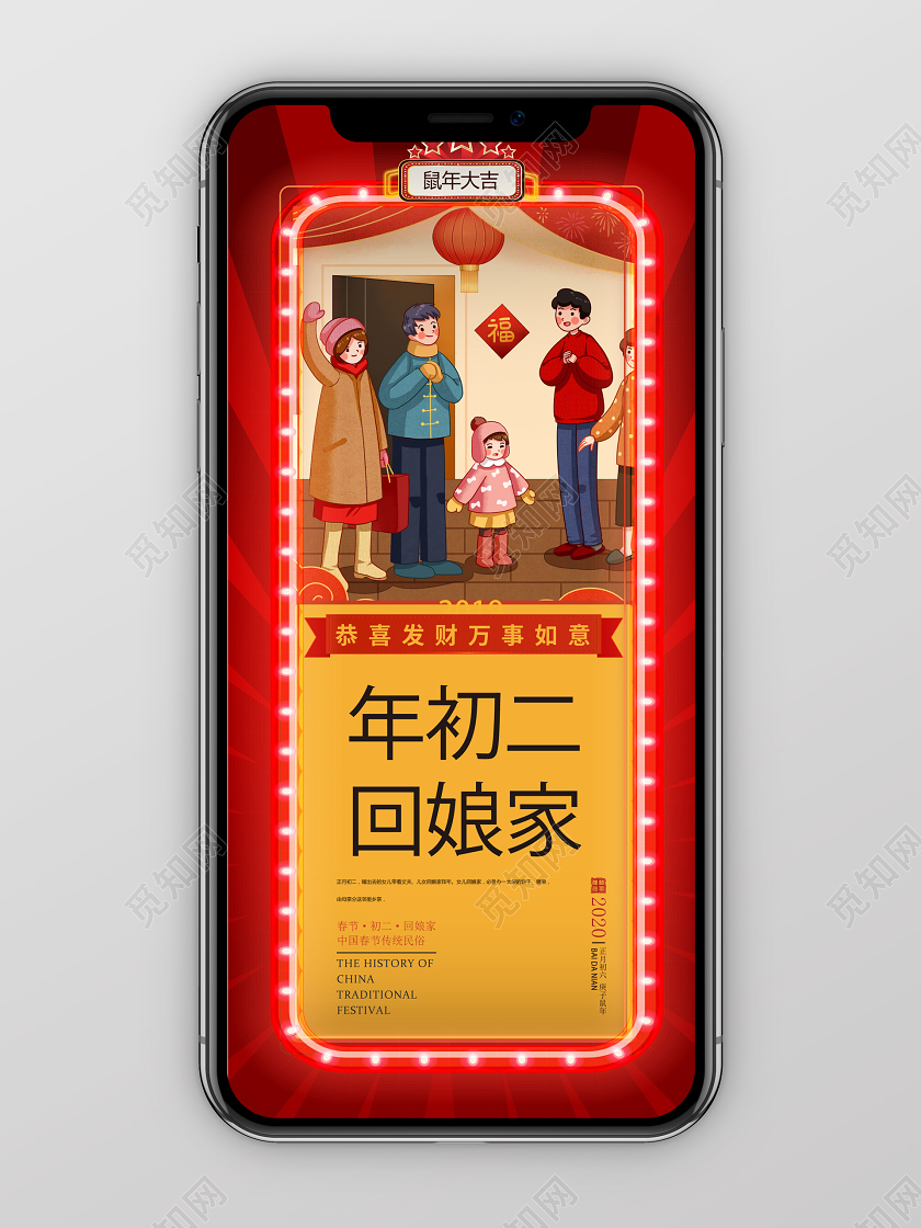 春节习俗红色卡通喜庆中国风年初二回娘家手机海报大年初一至初七系列图1