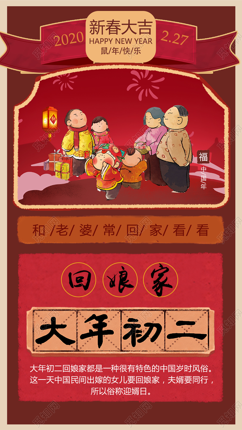 红色喜庆大年初二回娘家手机海报大年初三