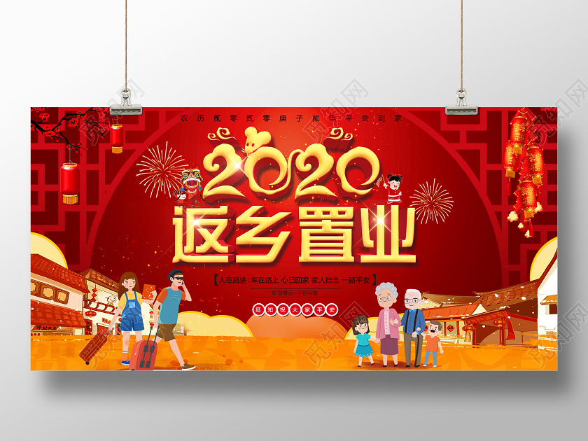 红色喜庆2020返乡置业春运回家展板