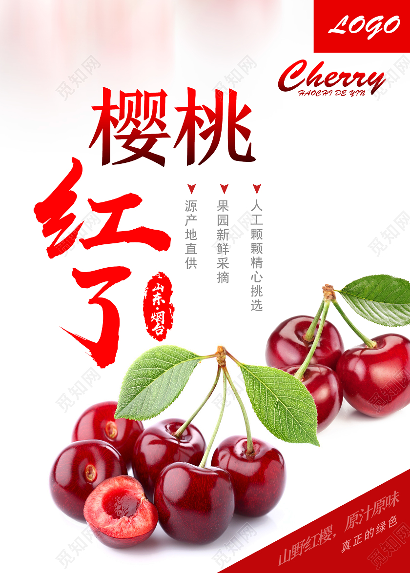 白色清新樱桃红了水果樱桃海报