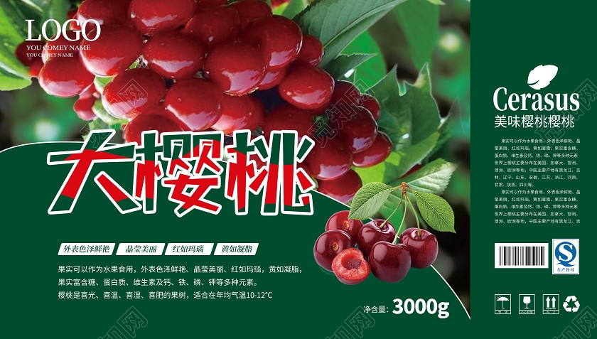 墨绿色时尚大气大樱桃手提盒礼盒包装设计水果樱桃