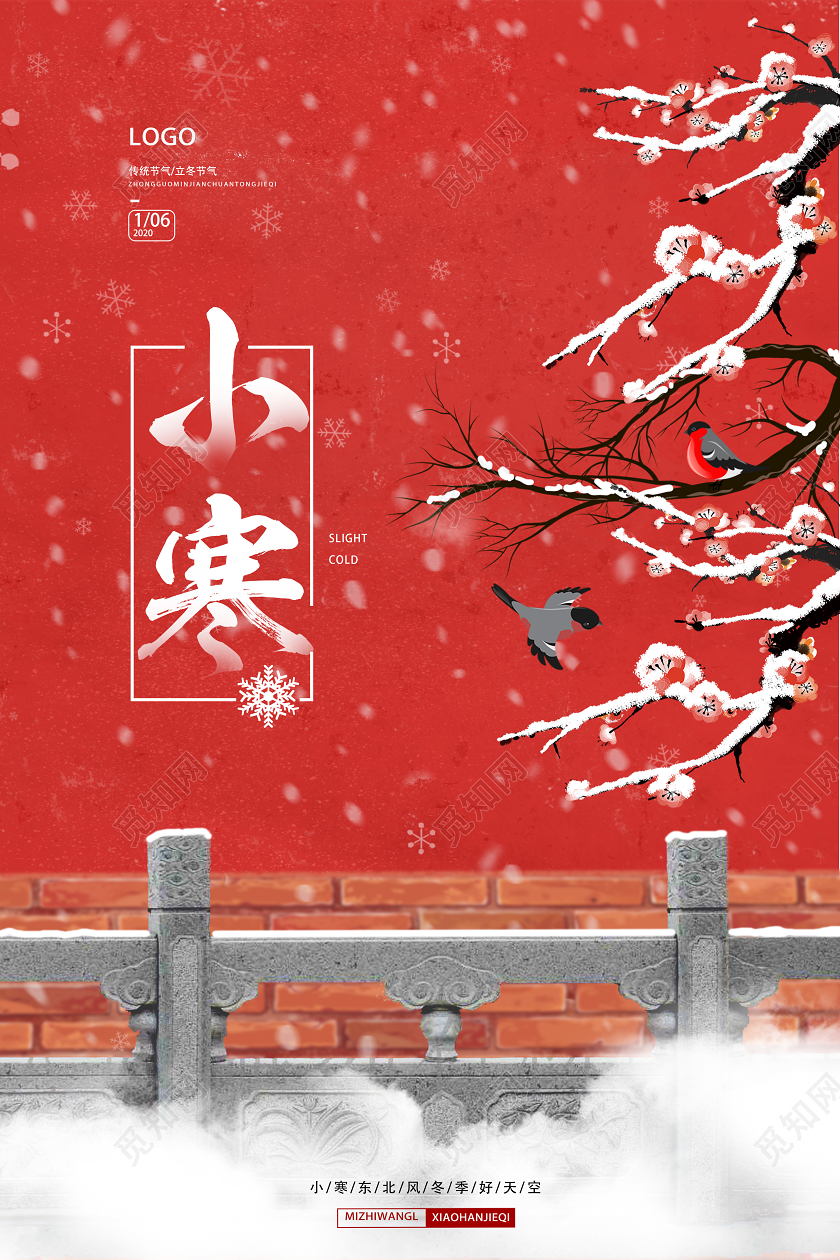 红色文艺风小寒二十四节气海报