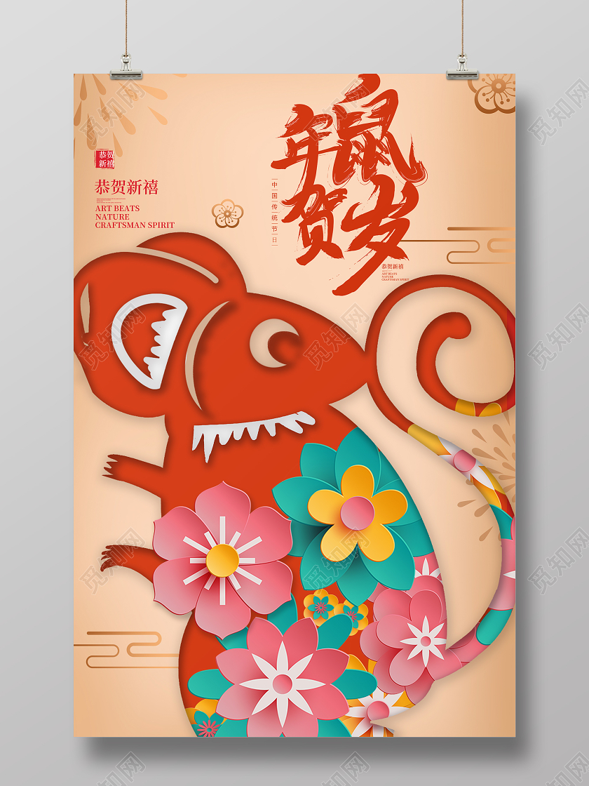红色大气新年鼠年贺岁迎新春海报