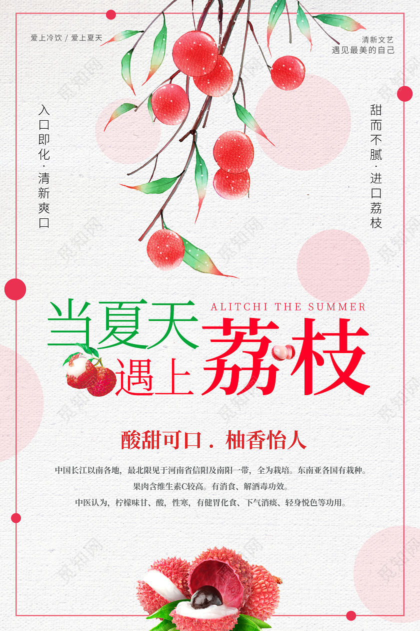 可爱手绘卡通当夏天遇上荔枝水果海报水果荔枝