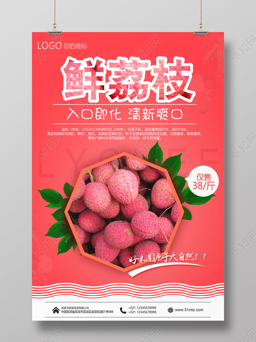 粉红色清新风水果荔枝鲜荔枝水果宣传海报
