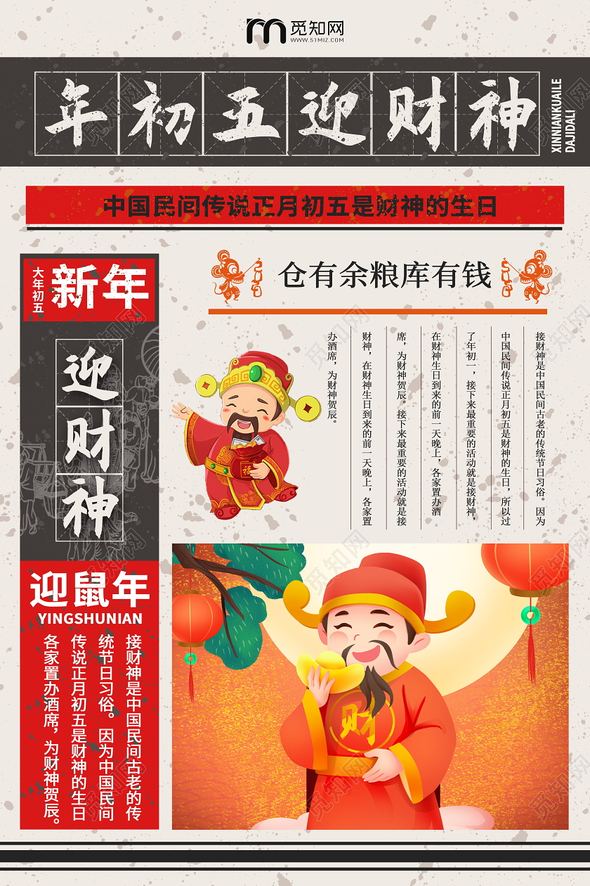 复古风格春节传统习俗大全大年初五迎财神海报新年习俗系列图