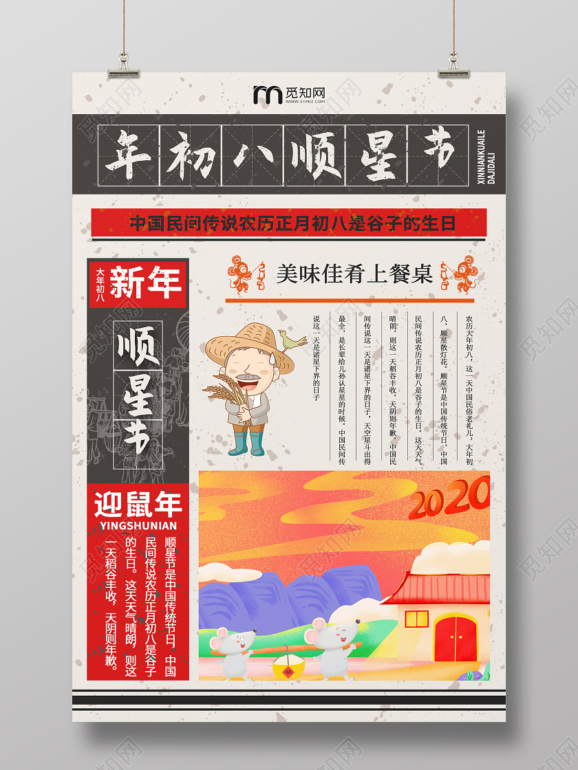 复古风格春节传统习俗大全大年初八顺星节海报新年习俗系列图