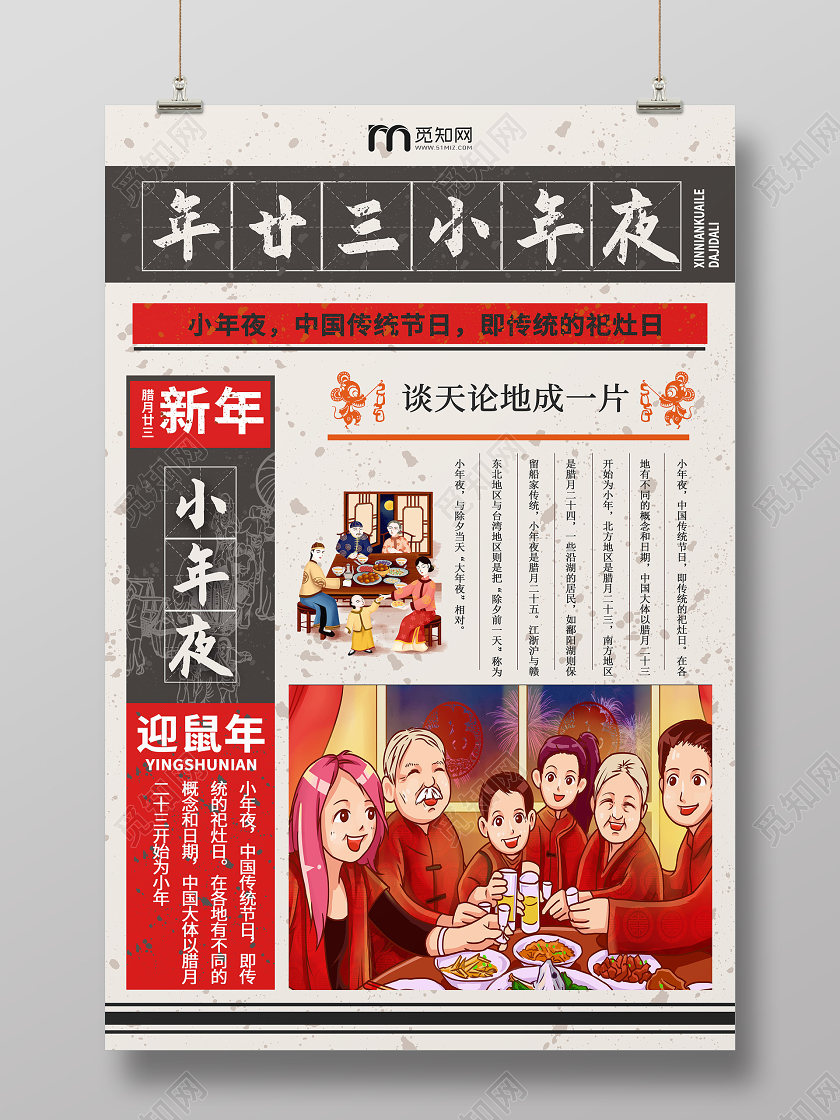 复古风格春节传统习俗大全腊月二十三小年夜海报新年习俗系列图