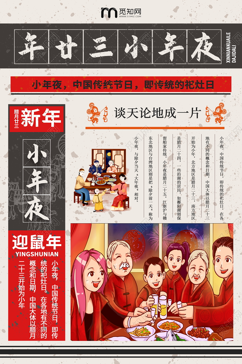 复古风格春节传统习俗大全腊月二十三小年夜海报新年习俗系列图