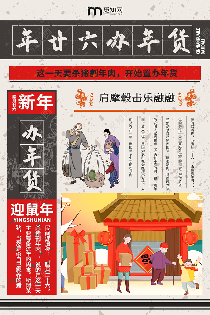 复古风格春节传统习俗大全腊月二十六办年货海报新年习俗系列图