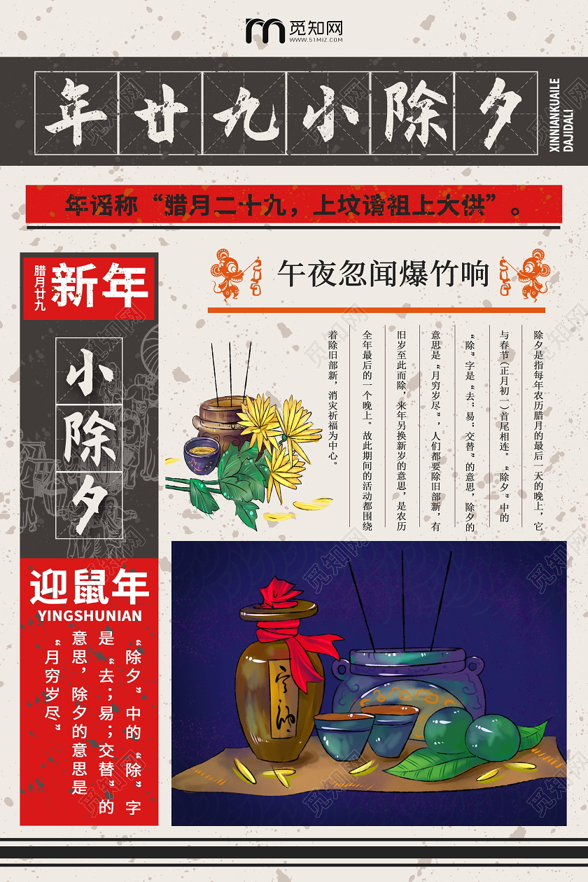 复古风格春节传统习俗大全腊月二十九小年夜海报新年习俗系列图
