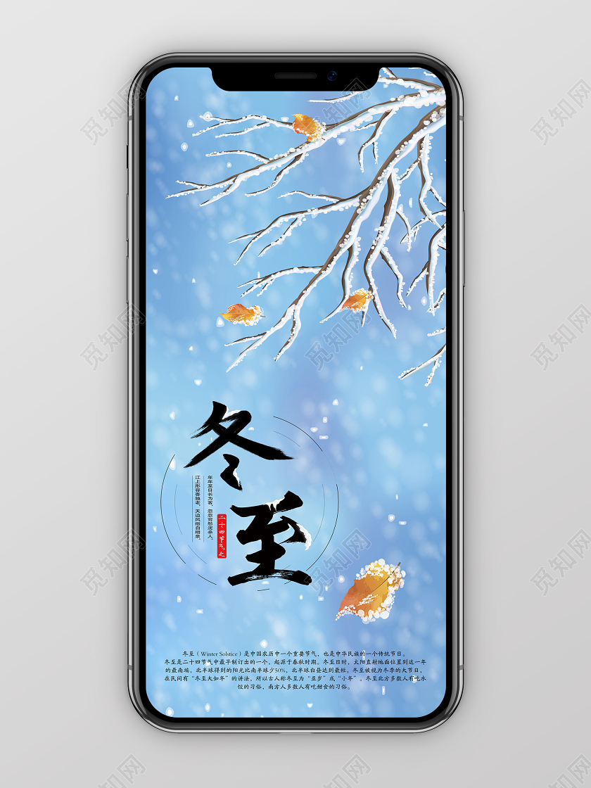 蓝色小清新二十四节气冬至宣传手机展示