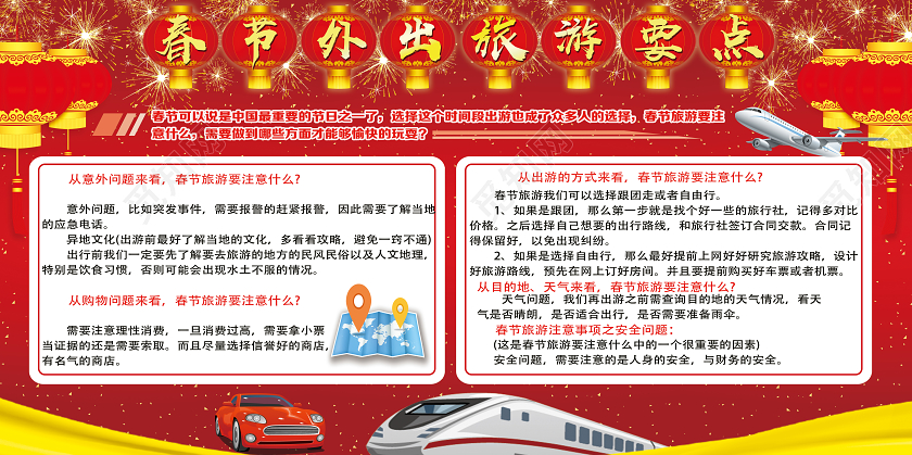 过年旅游红色喜庆春节外出旅游要点新年春节旅游展板