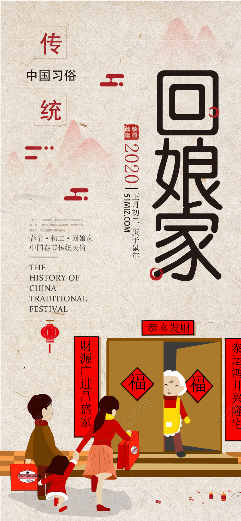 浅棕色几何卡通中国风正月初二回娘家手机海报大年初一到初七春节习俗2