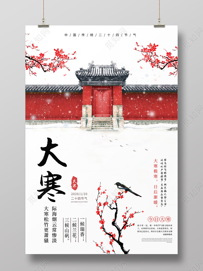 白色中国风雪景梅花红墙中国传统二十四节气大寒海报