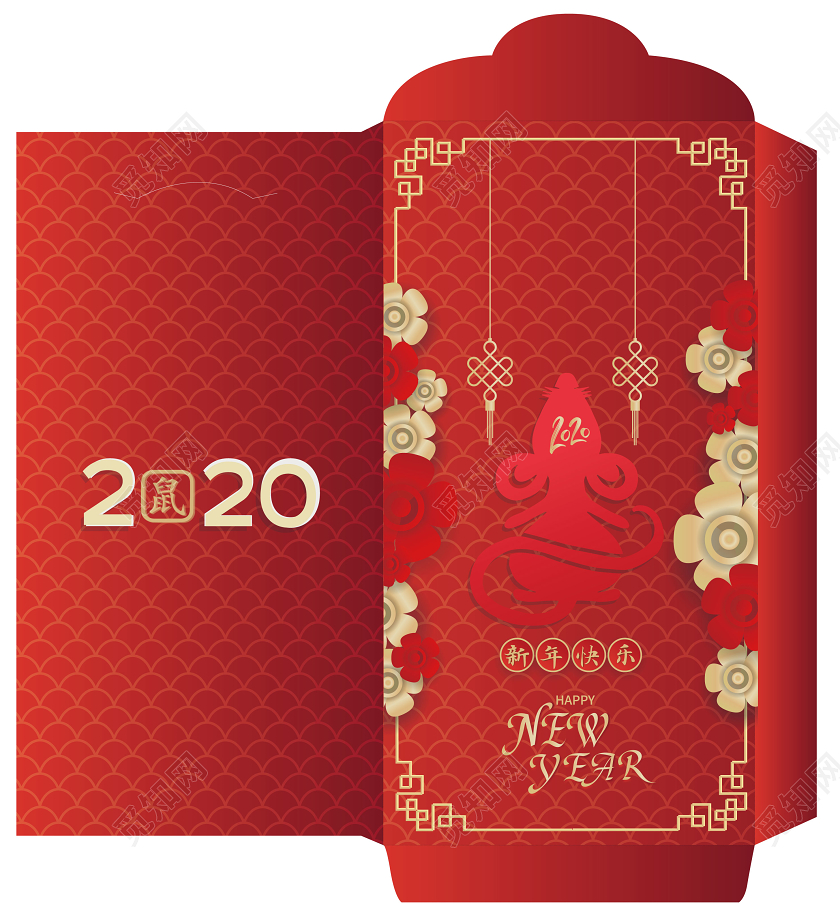 春节红包鼠年红包剪纸风红色渐变花纹2020鼠年中国年鼠年红包新年快乐新年红包设计