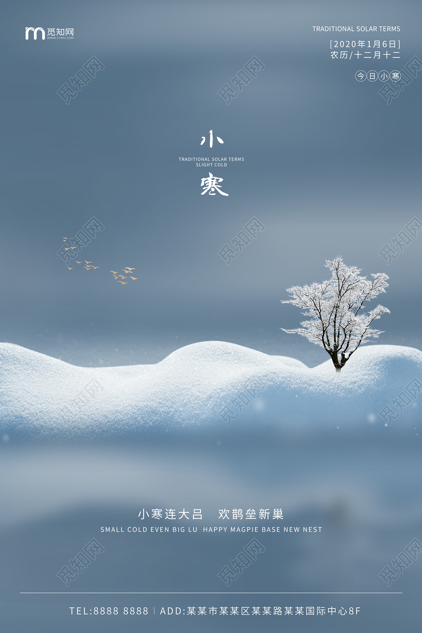 蓝灰色简约大气雪山雪景二十四节气小寒海报