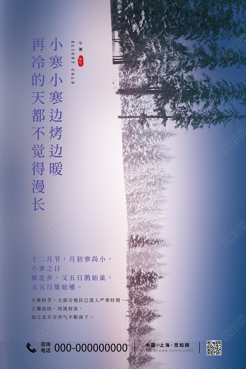 蓝紫色二十四节气小寒冷色调雪景节气宣传海报