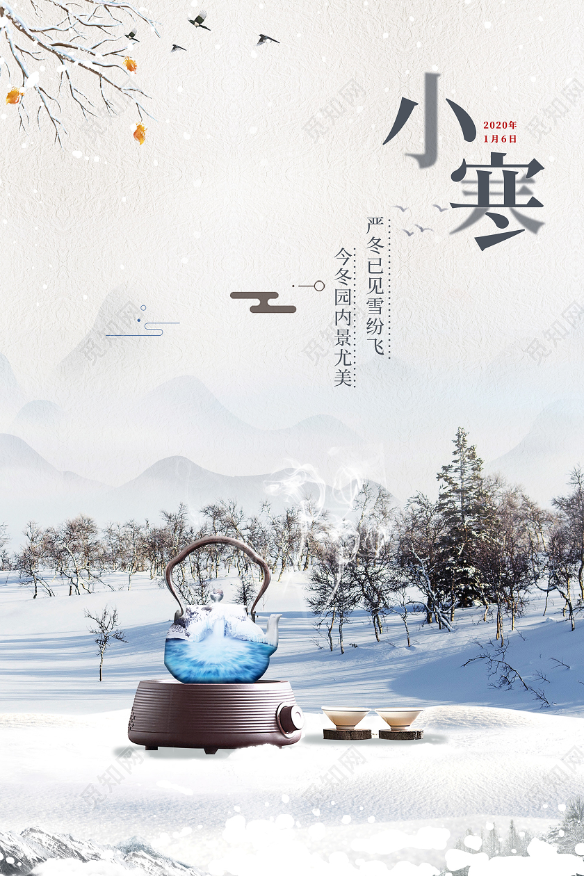 唯美雪景传统二十四节气小寒之茶壶宣传海报