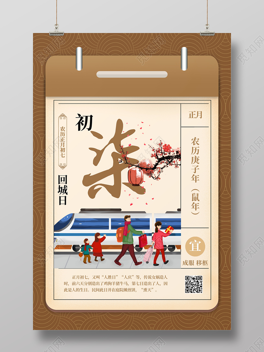 复古春节传统习俗大全大年初七回城日海报大年初一到初七春节习俗4