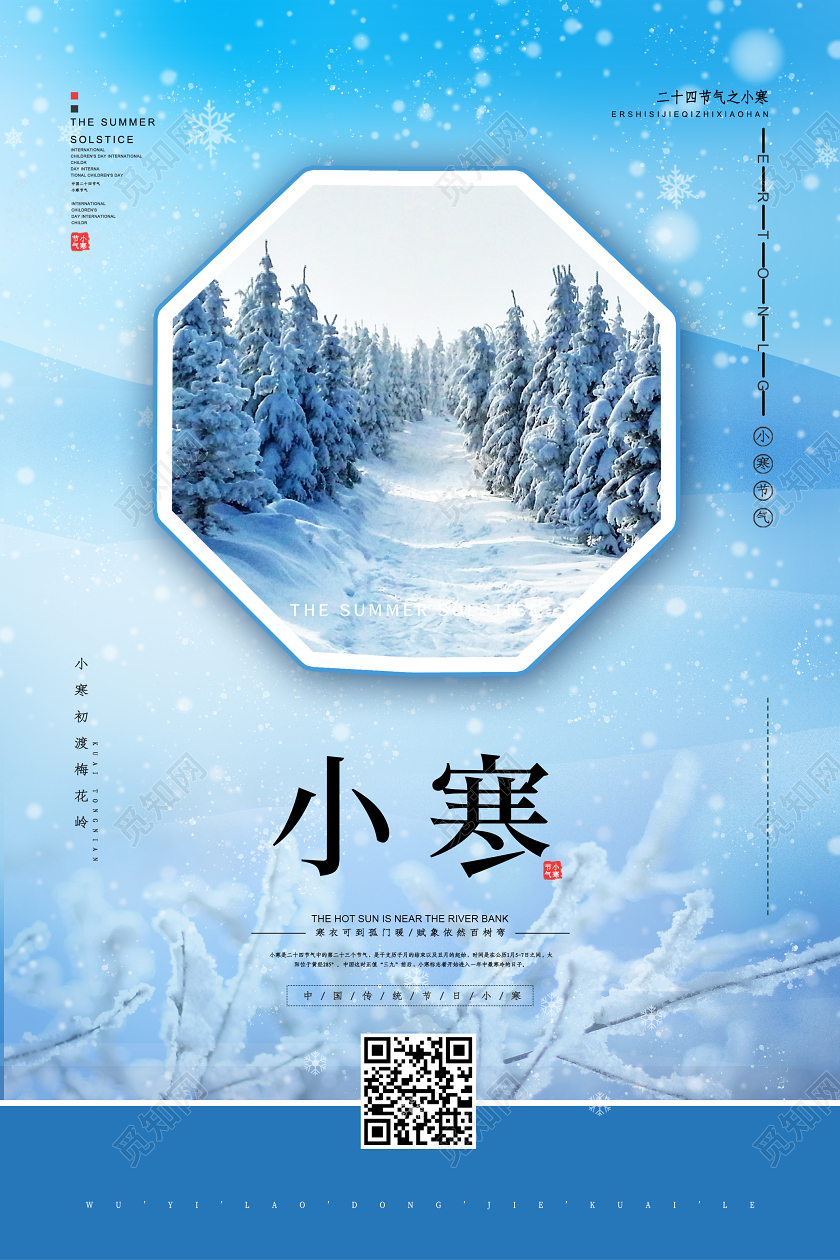 蓝色雪景唯美小寒二十四节气宣传海报二十四节气小寒