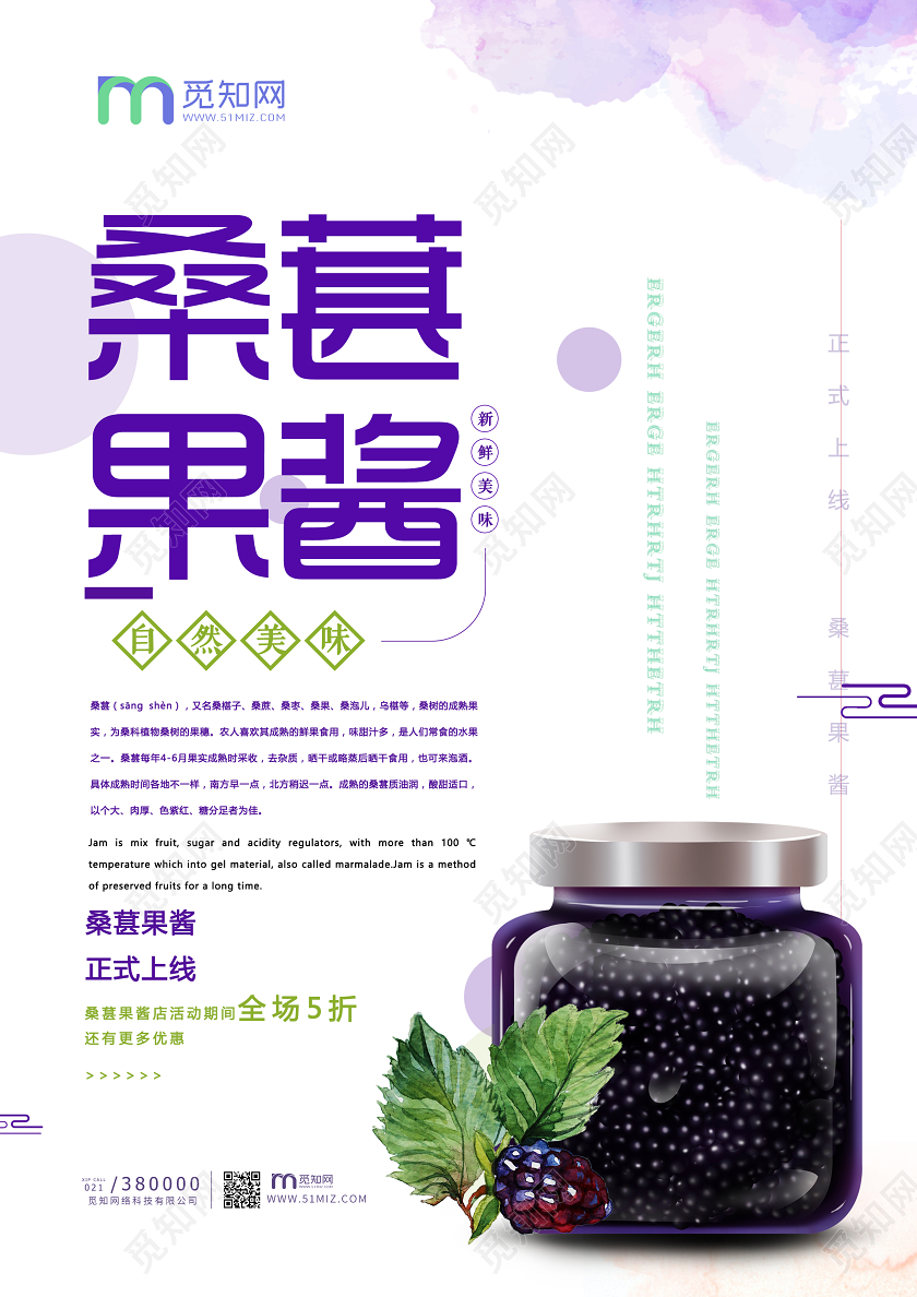 白色紫色清新桑葚果酱水果新鲜天然自然桑葚海报活动水果桑葚