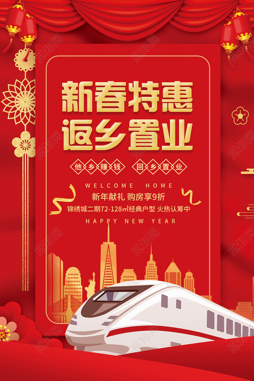 红色喜庆立体新春特惠返乡置业新年春节房地产宣传海报