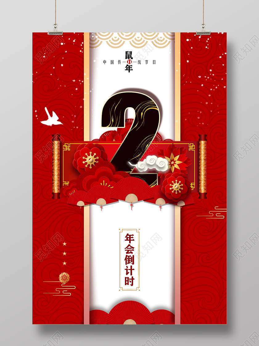红色喜庆年会2天倒计时新年倒时计海报新年倒计时