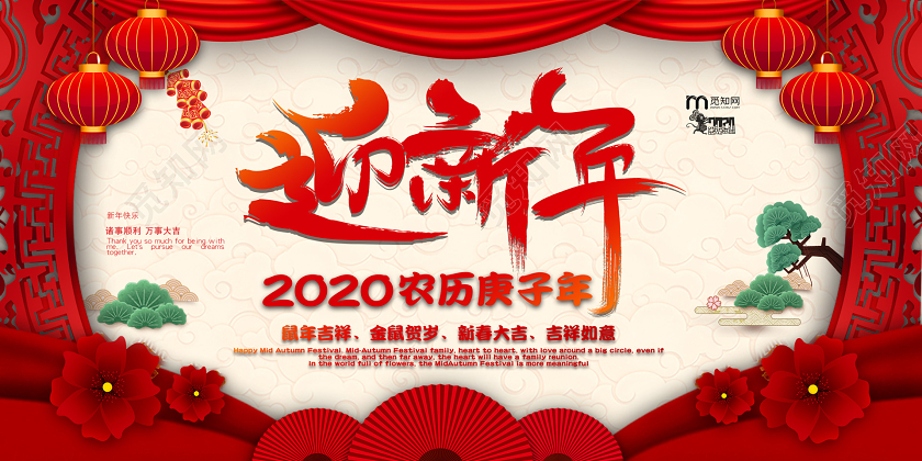 红色中国风迎新晚会迎新年宣传展板