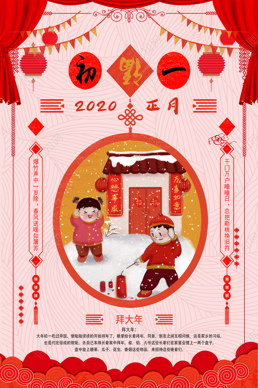 春节习俗红色鼠年春节习俗初一至初七新年习俗拜年回娘家迎财神系列海报设计