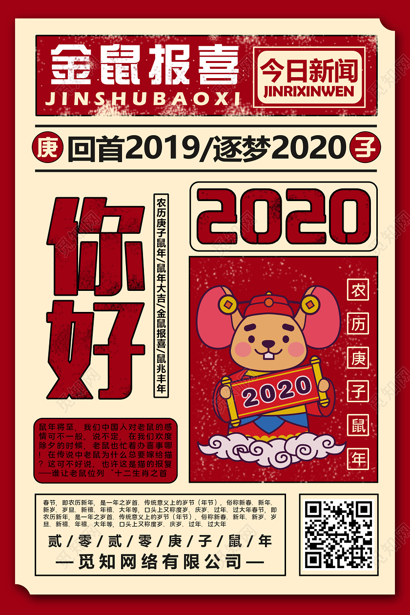 红色复古风2020新年鼠年春节你好2020鼠年海报