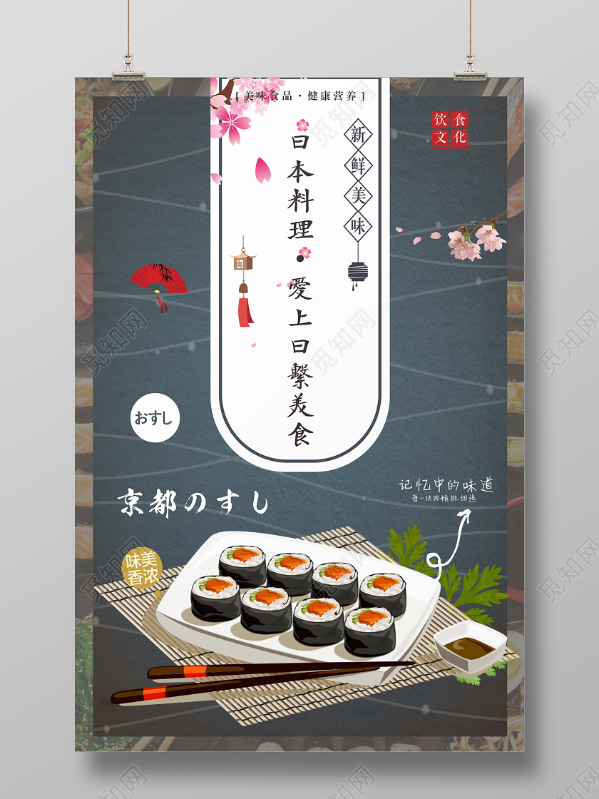 深蓝色几何简约卡通创意日本料理爱上日系美食海报