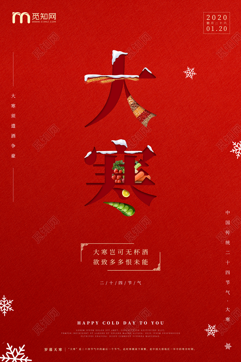红色简约2020大寒传统节气微信宣传公司宣传节气海报