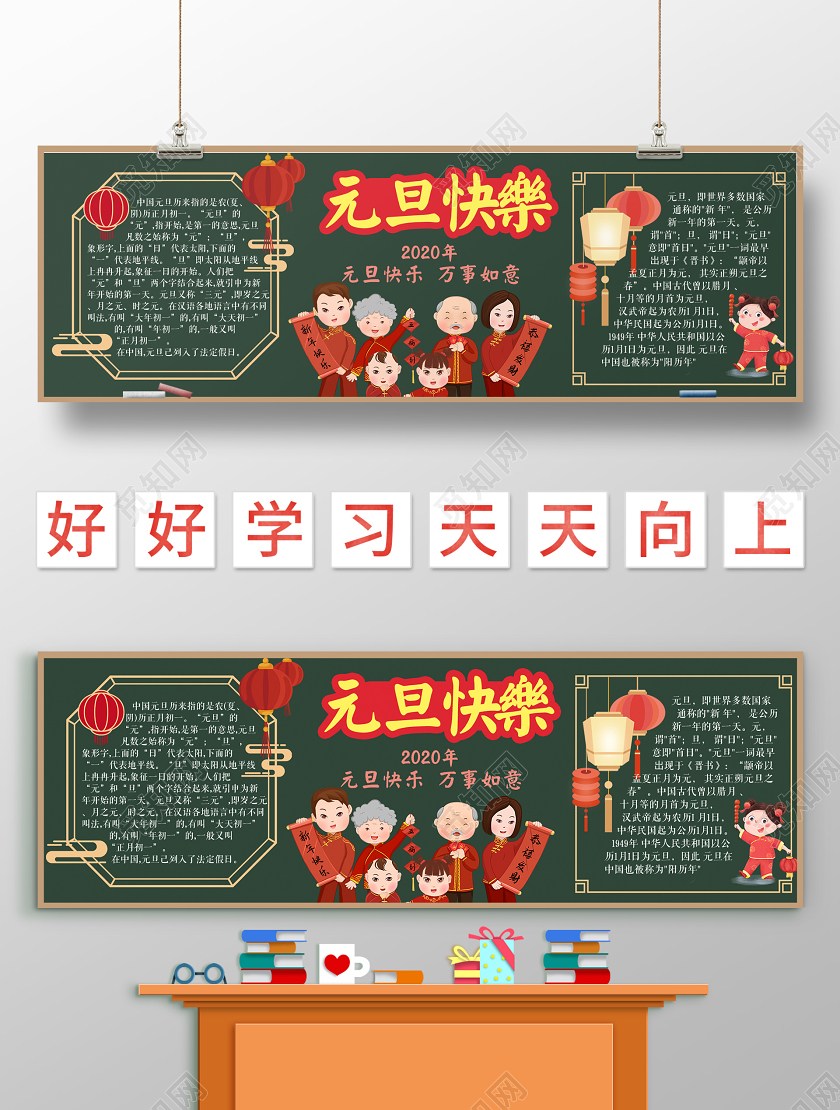 简约大气新春快乐绿色系元旦快乐元旦黑板报