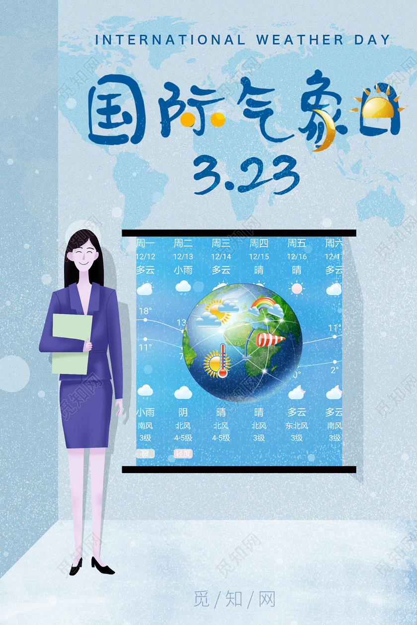 蓝色插画国际气象日宣传海报