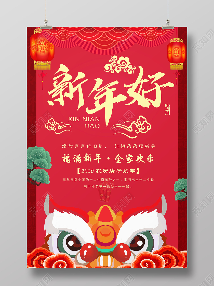 红色背景2020鼠年新年好海报