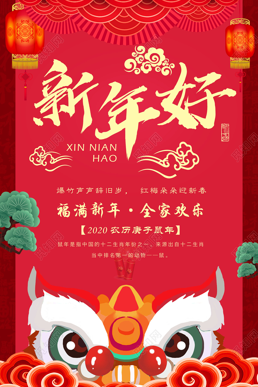 红色背景2020鼠年新年好海报