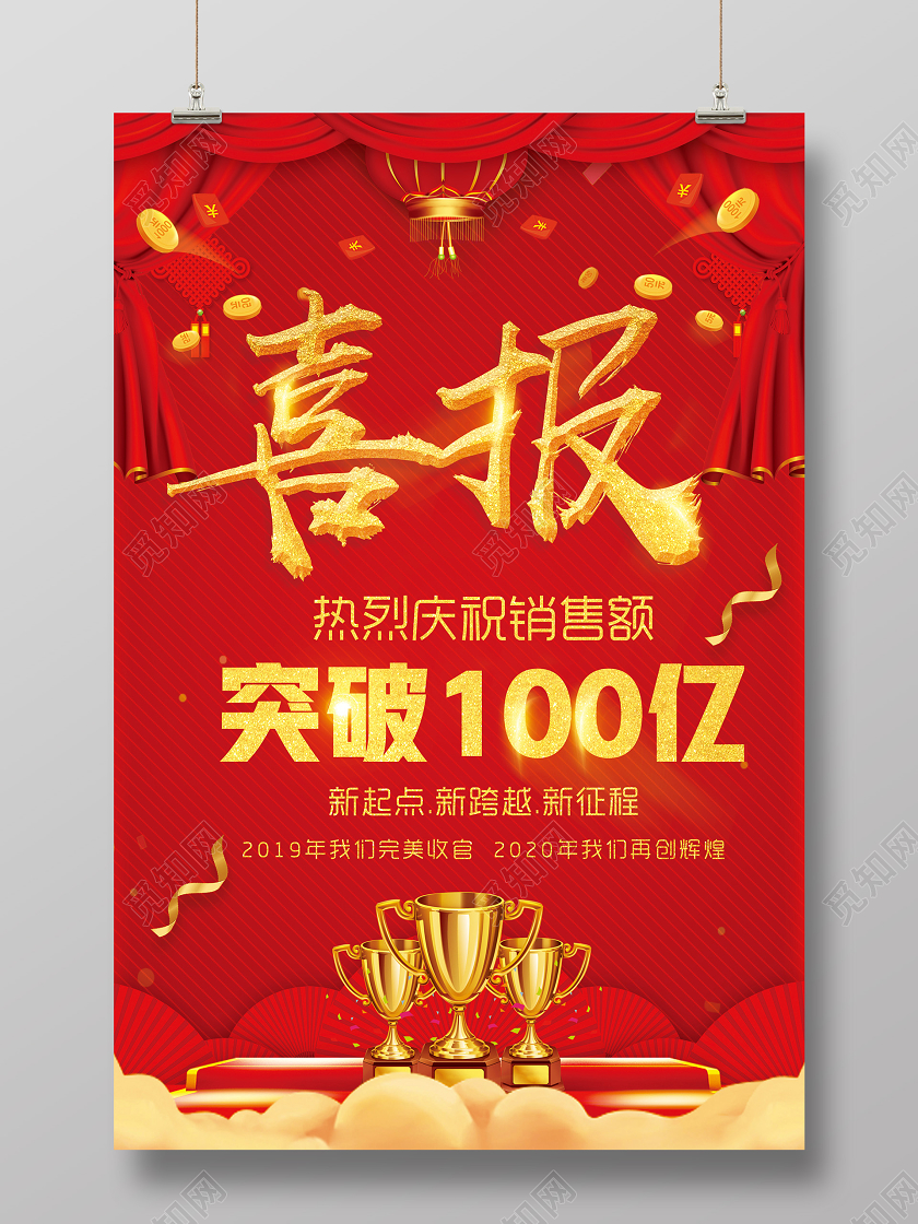 红色喜庆立体喜报新年公司销售业绩喜报宣传海报
