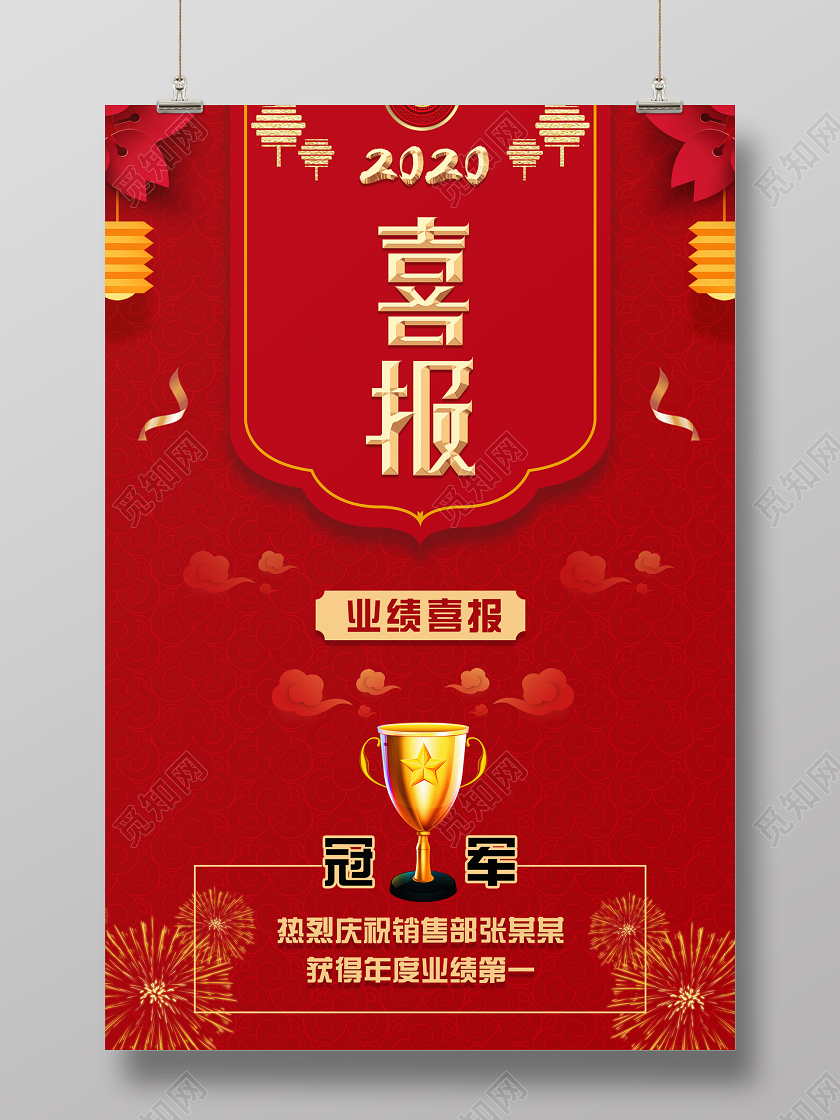 红色喜庆销售业绩冠军喜报表彰海报