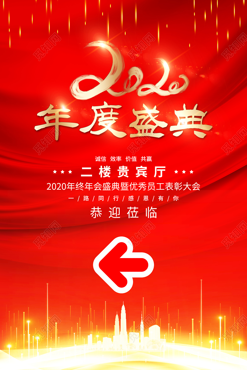 红色大气年度盛典新春新年企业年会年终大会指示牌海报