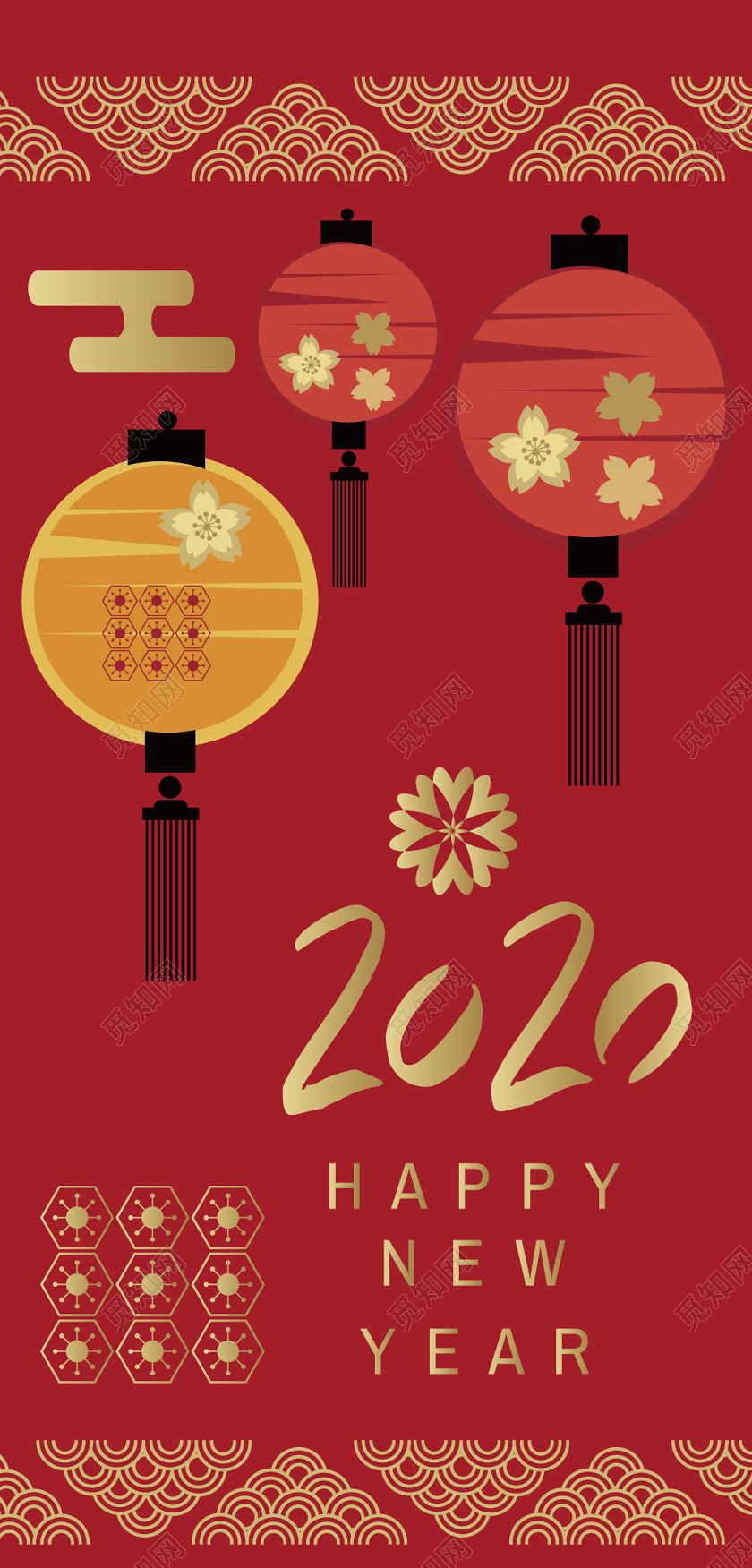 红色花纹纹理扁平化插画金色老鼠2020新年元旦鼠年贺卡