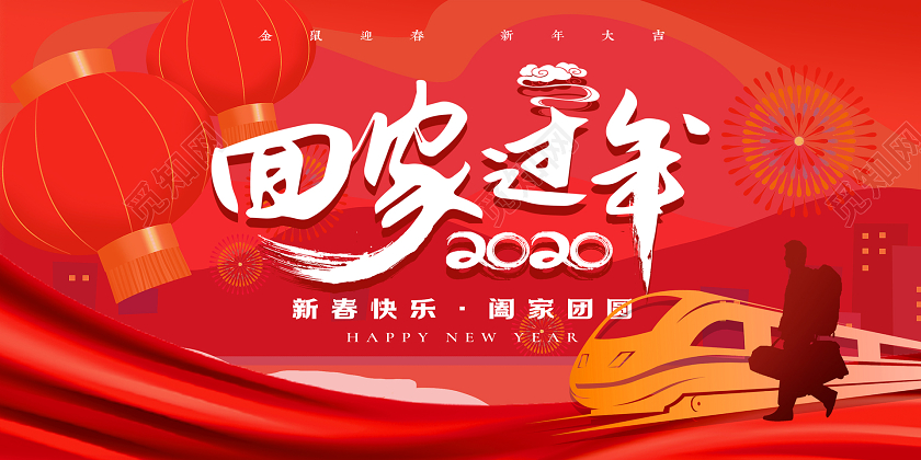2020红色喜庆简约创意新年春节春运回家过年展板