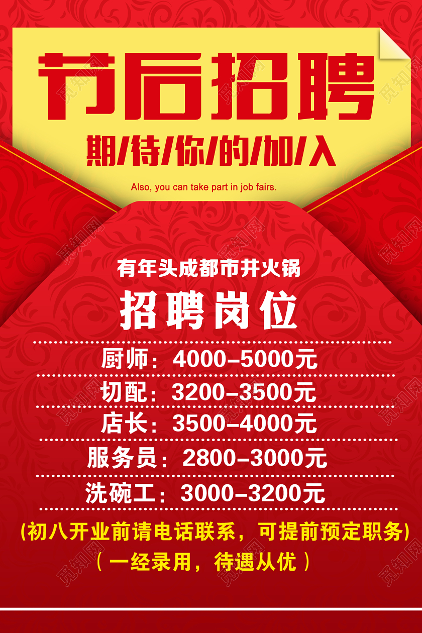 春节节后招聘期待你的加入喜庆红色信封宣传海报春节招聘