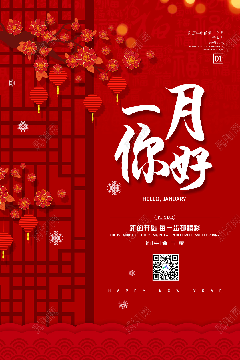 红色中国风一月你好新年新气象2020鼠年1月海报