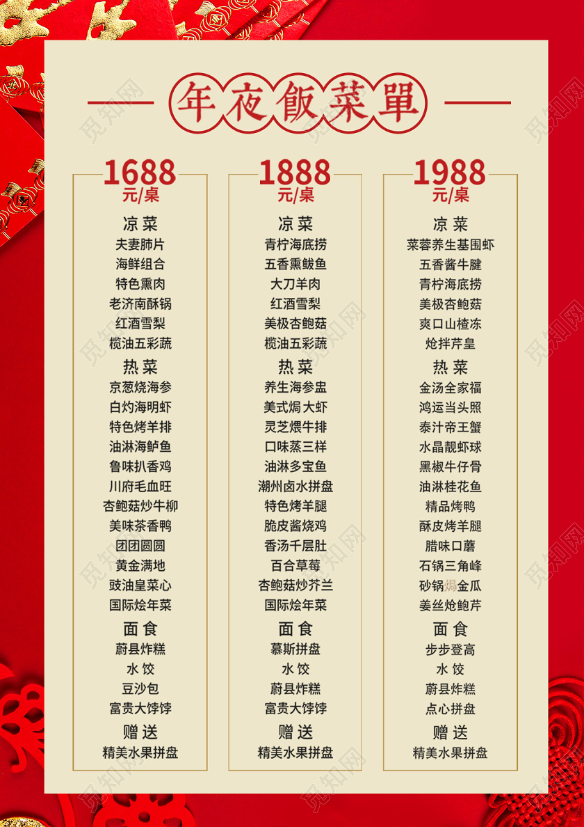 年夜饭团圆饭年夜饭菜谱2020年夜饭菜单2020红色新年年夜饭预定宣传单设计