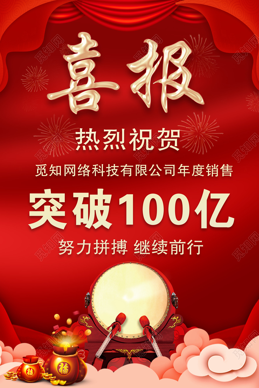 红色大气公司企业业绩喜报销售喜报年终业绩海报
