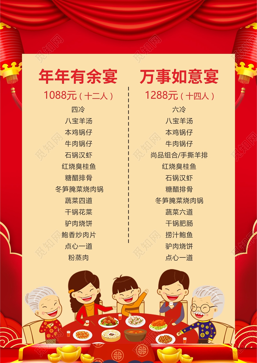 年夜饭团圆饭年夜饭菜谱红色中国风喜庆年年有余2020年夜饭春节新年菜单N2020年夜饭春节新年菜单