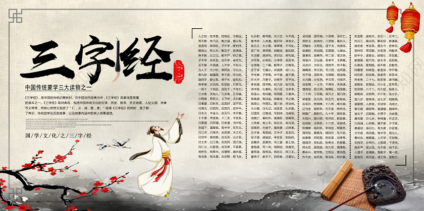 黄色古风三字经国学展板