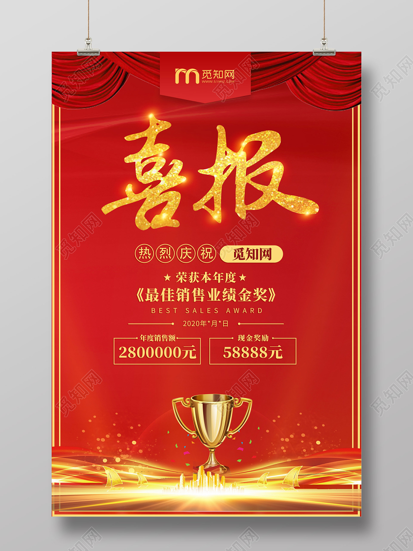 红色简约销售喜报宣传海报